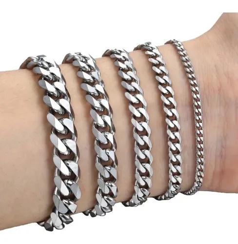 comprar Pulsera Esclava Hombre Y Mujer Cubano Eslabón Acero Plata