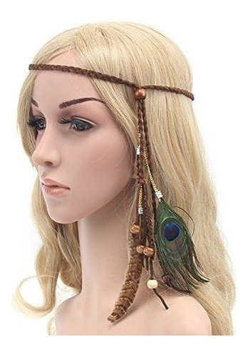 Chicas Mujeres Senora Boho Peacock Feather Hair Band Head Ba