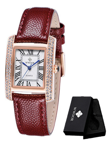 Elegante Reloj Cuadrado De Cuero Y Cuarzo Con Diamantes De W