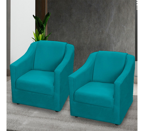 Kit 2 Poltronas Decorativas Consultório Recepção Sala Cores Cor Azul-turquesa Desenho do tecido Suede