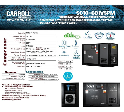 Compresor De Tornillo 10hp Con Secador Y Variador 39cfm