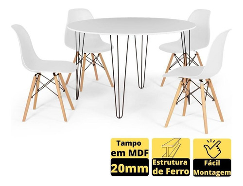 Mesa De Jantar Hairpin 120cm Branca +4 Cadeiras Eames Eiffel Cor Branco