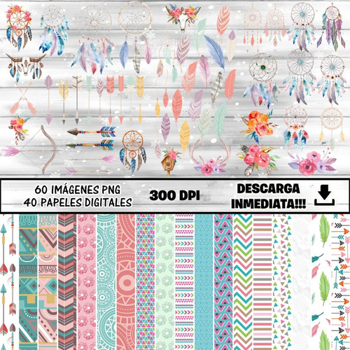 Kit Imprimible Boho Atrapasueños Imágenes Fondos Clipart