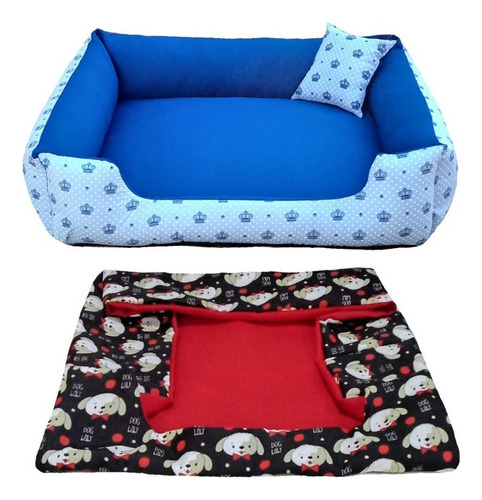 Cama Pet G Cachorro Grande Cama Com Capa Extra 70x70 Cor Cama Azul Coroa + Capa Vermelha