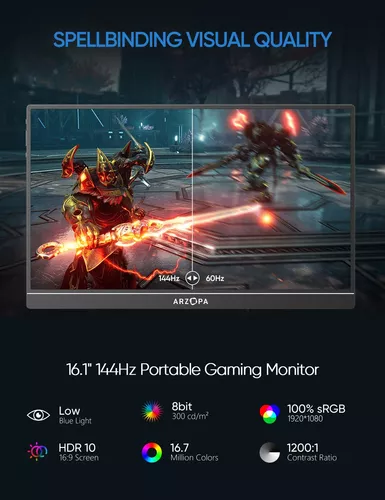  ARZOPA Monitor portátil para juegos de 16.1 pulgadas y 144 Hz,  100% sRGB 1080P FHD Kickstand Monitor portátil con HDR, ultra delgado,  cuidado de los ojos, segunda pantalla externa para laptop