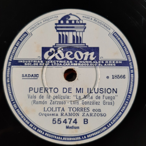 Pasta Lolita Torres Orquesta Ramon Zarzoso Odeon C170