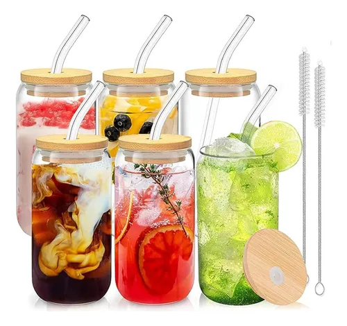 comprar Juego De 6 Vasos De Vidrio Con Tapa  Bambú Y Pajitas 500ml