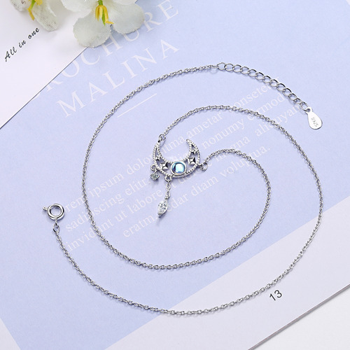 Imagen 10 de 10 de Collar Luna Plata 925 Cristal Azul Con Zirconias Colgantes