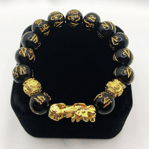 Pulsera Original Feng Shui Piedras Obsidiana Pixiu Oro