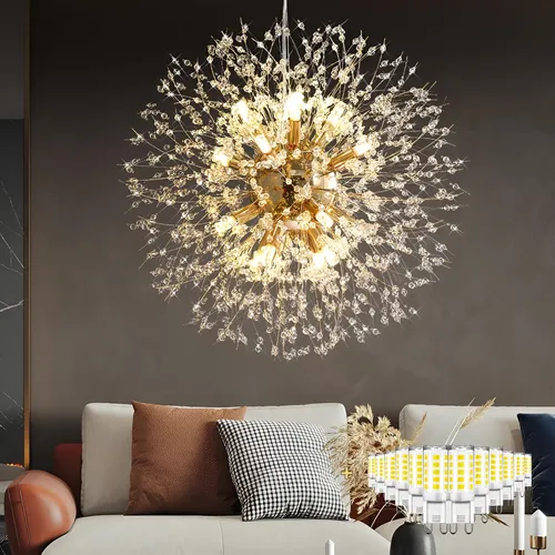 Lustre Pendente Moderno Cristal Dente De Leao Luxo Dourado