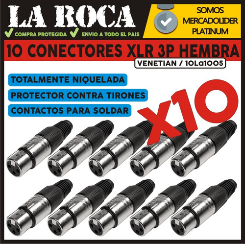 Imagen 3 de 10 de Pack 10 Fichas Xlr Canon Hembra Para Cable 3 Pines La Roca