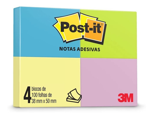 Bloco Adesivo Post-it 38x50mm 100 Folhas C/ 4un Cores 3m