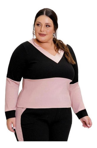 Blusa Feminina Plus Size Canelada Decote V Preta E Rose