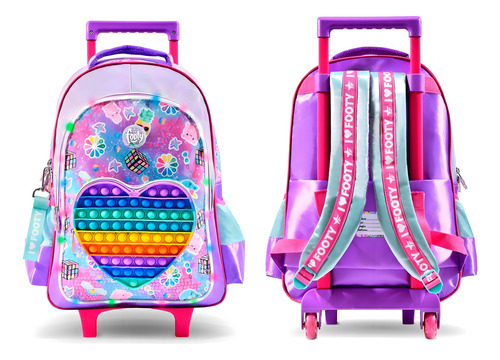Mochila Pop-it com carrinho, 18, com luz LED, Footy, 12219. Cor: violeta, design de tecido, impressão
