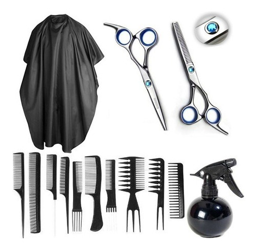 Kit Peluquería Tijeras+ Capa+ Rociador+ Set De 10 Peines