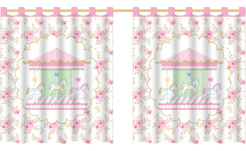 Cortina Decorativa Quarto Rosa Carrossel Unicórnio Floral