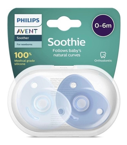 Chupetes Soothie Avent X2 Unidades Todo Silicona 0-6 Meses Color Celeste