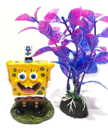 Enfeite Aquário Bob Esponja Capitão + Plantinha 10cm