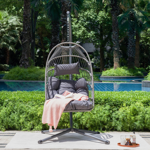 Soporte Colgante Y Cojín Para Silla Columpio De Mimbre Negro