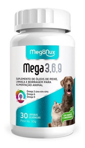 Suplemento Mega 3-6-9 1000mg 30 Cápsulas Cães Gatos Meganux
