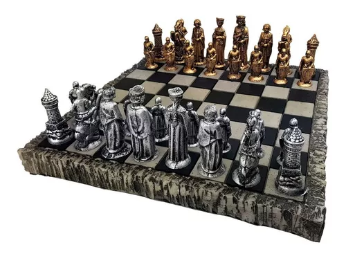 Jogo de Xadrez Medieval Rústico Coleção Temático Peças Chess Set Tabuleiro  Preto Branco Grande