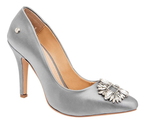 Zapatilla Cerrada Con Pedreria Stilettos Satin Gris Plata 