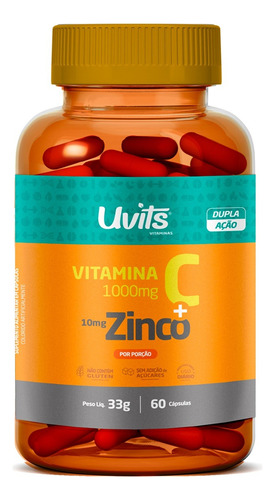 Vitamina C 1000mg + Zinco 10mg 60 Cáps Uvits Sabor Laranja