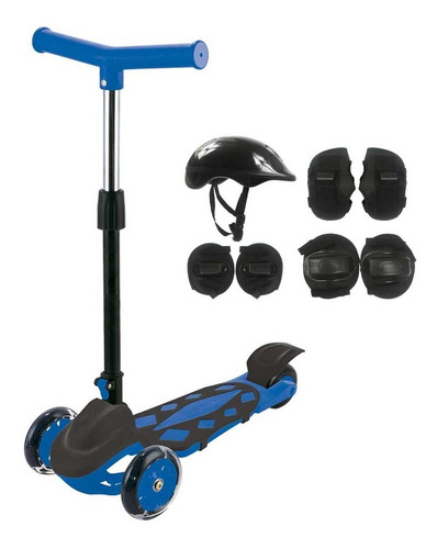 Patinete Radical Power 3 Rodas Dobrável Azul + Kit Proteção