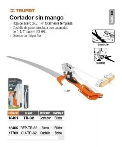 Tradineur - Sierra para podar, especial madera, hoja de 35,5 cm y mango de  metal, válida para adaptar mango extensible, serrucho