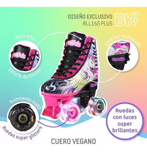 Imagen 4 de 7 de Patines Bota Simil Cuero Extensible Luces 4 Ruedas Unicornio