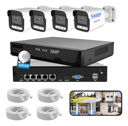 Starcat®poe Kit Circuitocerrado 4 C¡maras Deseguridad 5mp Color Negro