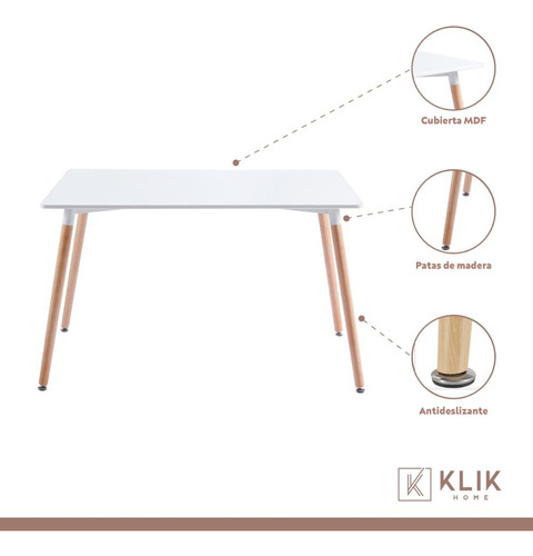 Comedor Mesa De 120x80 Rectangular Blanca + 6 Sillas Eames -