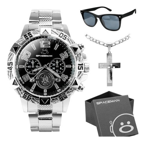 Relógio Aço Inox + Óculos Sol Proteção Uv + Corrente 