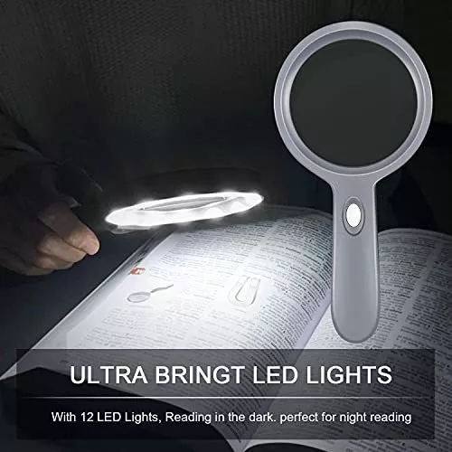 Lupa de mano de 10X con 12 luces LED, lente de aumento grande y real para  degeneración macular, lectura de personas mayores, soldadura, inspección