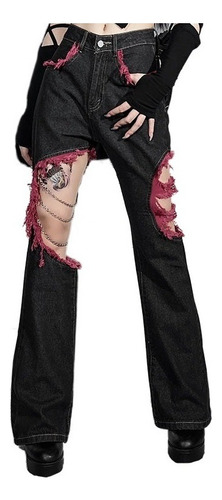 Moda Pantalones Vaqueros Dama Negro Con Rotos Estilo Punk