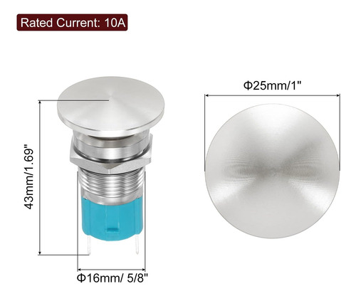 Meccanixity 1pcs 10a 250v Ac 16 Mm Cabeza De Hongo Push 1no