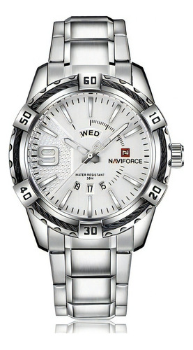 Reloj Naviforce 9117 Lux impermeable con correa superior de acero inoxidable, color bisel plateado, color plateado, fondo blanco