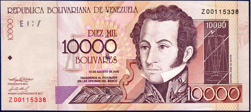 Billete De 10000 Bolívares Z8 Agosto 13 2002 Simón Bolívar