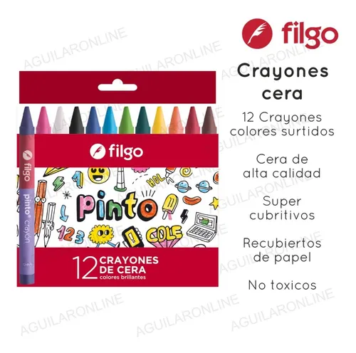 12 Caja 12 Crayones Cera Filgo Pinto Colores Surtidos