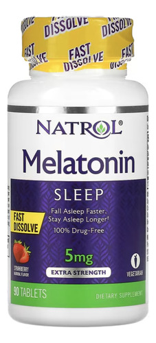 Natrol Melatonina 5 Mg, Disolución Rápida, Extra Fuerza, Sabor Fresa, 90 Tabletas, Ayuda A Establecer Patrones Normales De Sueño. Producto Libre De Medicamentos. No Forma Habito.