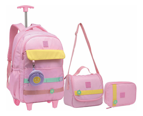 Kit Mochila Rodinha Juvenil Escolar Chaveiro Abertura 180° Cor Rosa