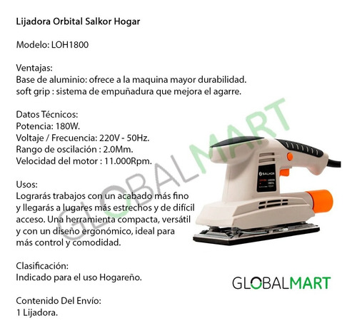 Lijadora Orbital 90x187mm 180 Watts Salkor Loh1800 Color Marrón claro Frecuencia 50