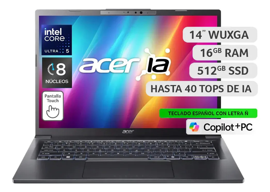 Notebook Touch Acer Copilot+ PC A14-52MT-59PE Intel Ultra 5 40 TOPS IA 16GB RAM 512GB SSD 14" WUXGA