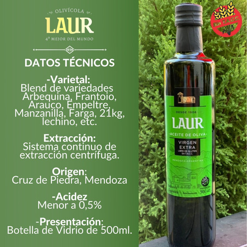Imagen 3 de 10 de Aceite De Oliva Laur ( Sin T.a.c.c) Caja X 6 X 500ml.