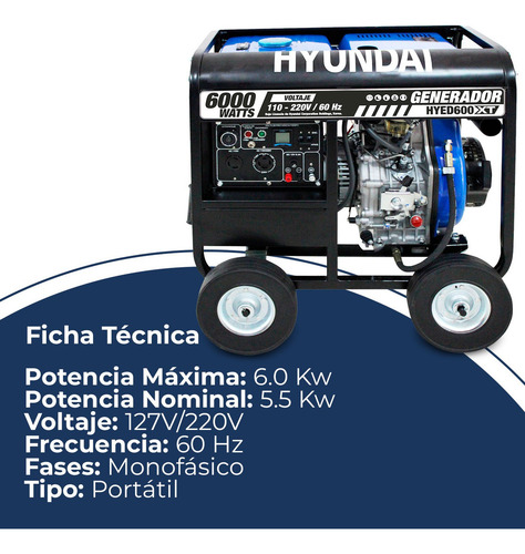 Generador Diésel Portátil Monofásico Hyundai Hyed600xt 6 Kw