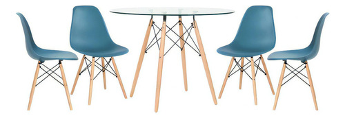 Kit Mesa Eames Wood 100 Cm Tampo Vidro 4 Cadeiras Eiffel Cor da tampa Turquesa