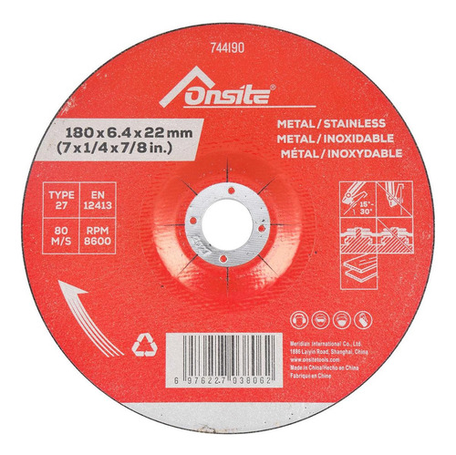 Disco De Desbaste P/ Metal E Inox 7'' X 1/4'' X 7/8'' Onsite