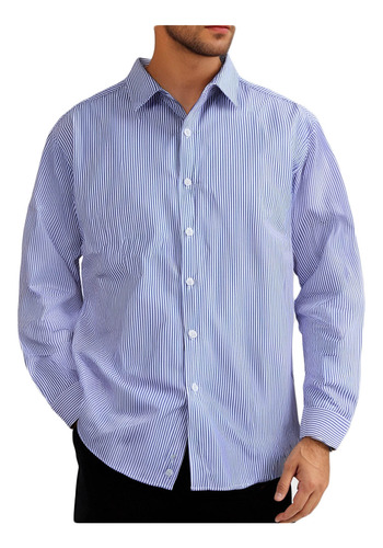Blusa Casual Masculina Listrada Com Lapela E Manga Comprida