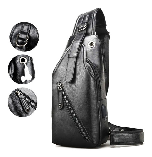 Mochila Para Hombre Mariconera Pechera Hombro Imitación Piel Con Puerto Usb Y Cable Incluido Para Carga De Dispositivos