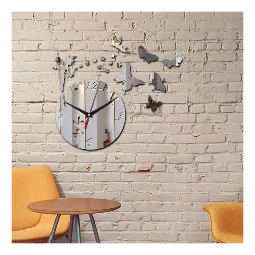 Reloj De Pared Con Espejo Mariposas Plateado Pegatinas Pared